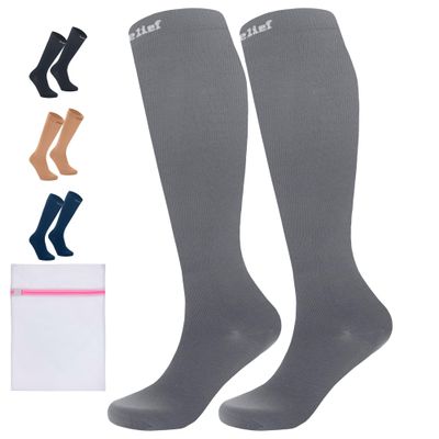 360 RELIEF 2 Pairs Compression Socks for Women & Men - 15-20 mmHg Travel Flight Socks  Graduated Support - Ideal for Running, Cycling & during Maternity -XXL, Grey with Laundry Bag