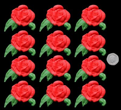 12 x Edible 3D Large Roses with Green Leaves Flowers icing toppers, cake cupcakes decorations (Pearl Ivory)