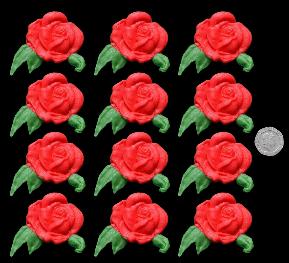 12 x Edible 3D Large Roses with Green Leaves Flowers icing toppers, cake cupcakes decorations (Pearl Ivory)