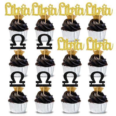 12Pcs Libra cake topper, Big Libra Energy/Libra Season Cake Decor, 12 constellation Libra September October Birthday Cupcake Decoration, Horoscope Astrology Birthday Party Supplies, Gold Glitter