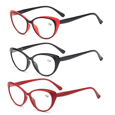 3-Pack Cat Eye Computer Reading Glasses for Men and Women, Lightweight Blue Light Blocking Spring Hinge Reader (Color : Red+Black, Size : 3.5 x)