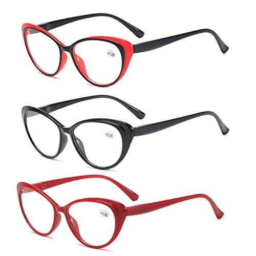 3-Pack Cat Eye Computer Reading Glasses for Men and Women, Lightweight Blue Light Blocking Spring Hinge Reader (Color : Red+Black, Size : 3.5 x)