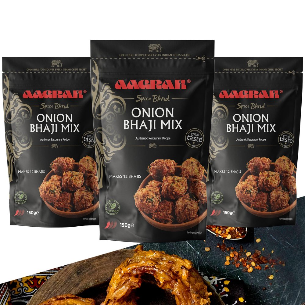 Aagrah Onion Bhaji Mix - 3 x 150g Packs - Authentic Indian Restaurant Recipe Batter Mix - Make Delicious Bhajis and Pakoras at Home in Minutes - Suitable for Vegans
