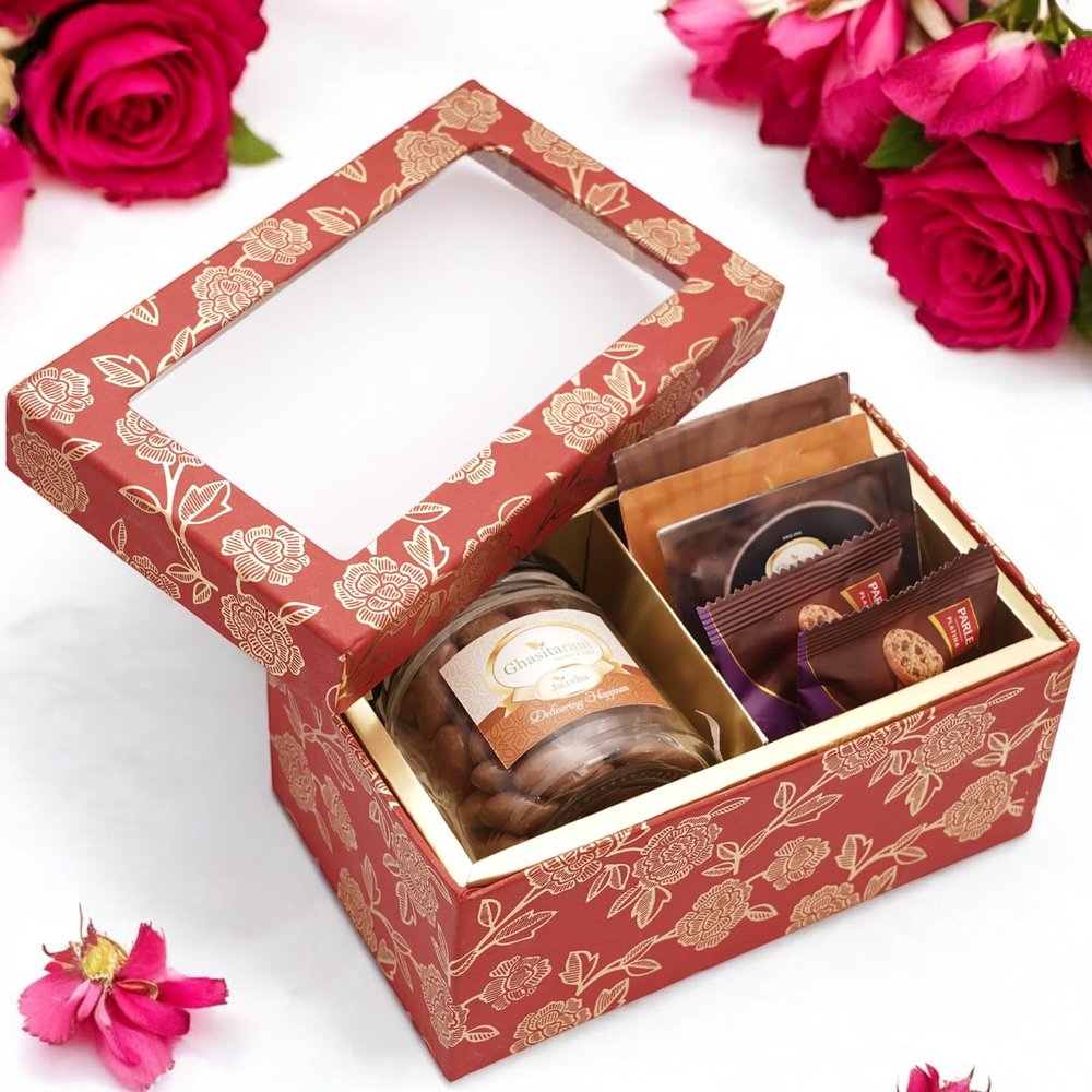 Ghasitaram Gifts Jaiccha Red Printed 2 Part Fancy Box with Chocolate Almonds |Gift for Diwali,Holi,Rakhi,Valentine,Christmas,Birthday,Anniversary,Her,Him|