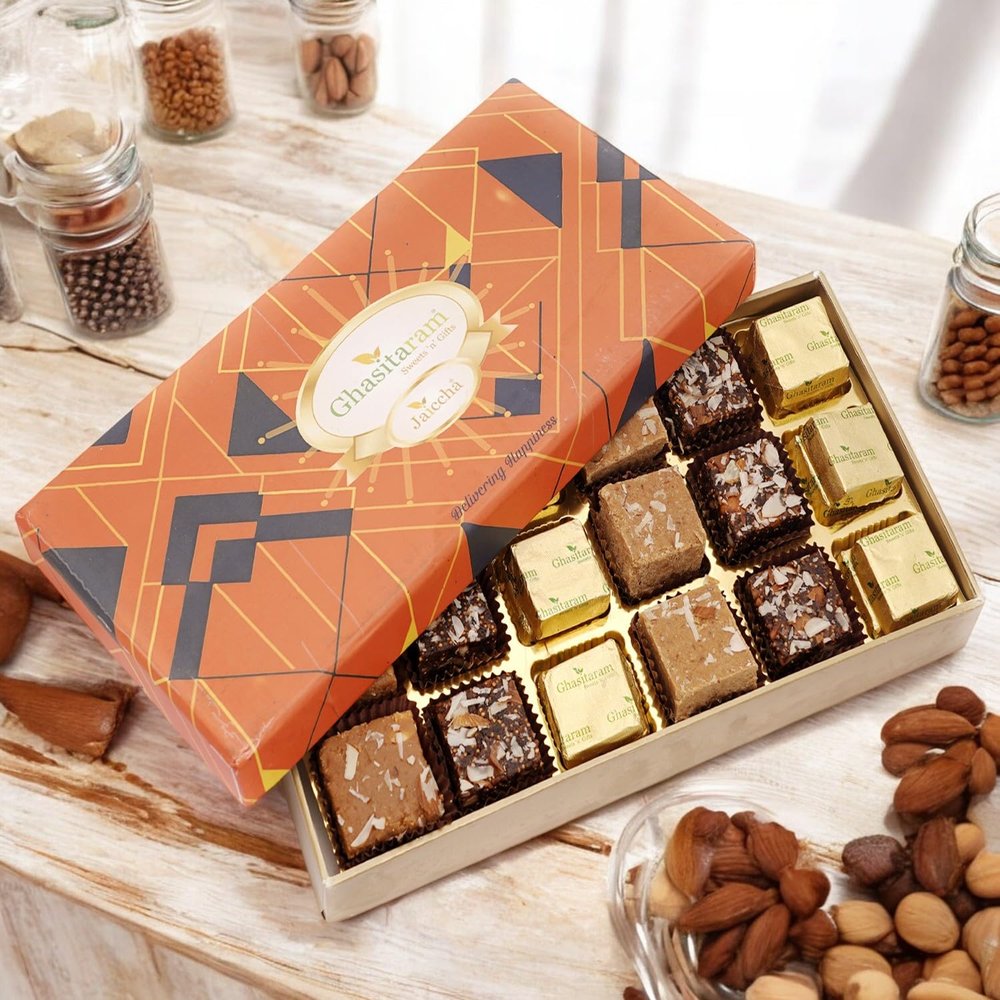 Ghasitaram Gifts Jaiccha Ghasitaram Special Barfis Box 18 pcs in a Designer Box |Gift for Diwali,Holi,Rakhi,Valentine,Christmas,Birthday,Anniversary,Her,Him|