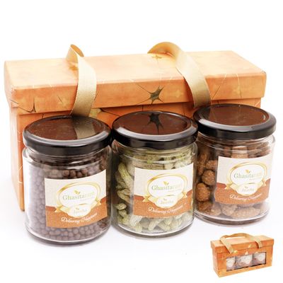 Ghasitaram Gifts Jaiccha 3 Jars Orange Box with Assorted Nuts and crispies |Gift for Diwali,Holi,Rakhi,Valentine,Christmas,Birthday,Anniversary,Her,Him|