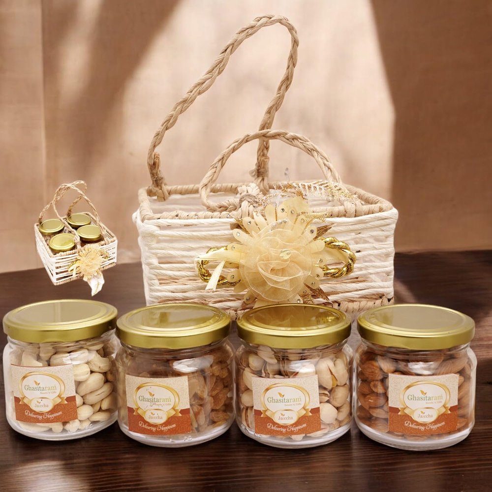 Ghasitaram Gifts Jaiccha Jute Square Basket with Flower with Dryfruits |Gift for Diwali,Holi,Rakhi,Valentine,Christmas,Birthday,Anniversary,Her,Him|
