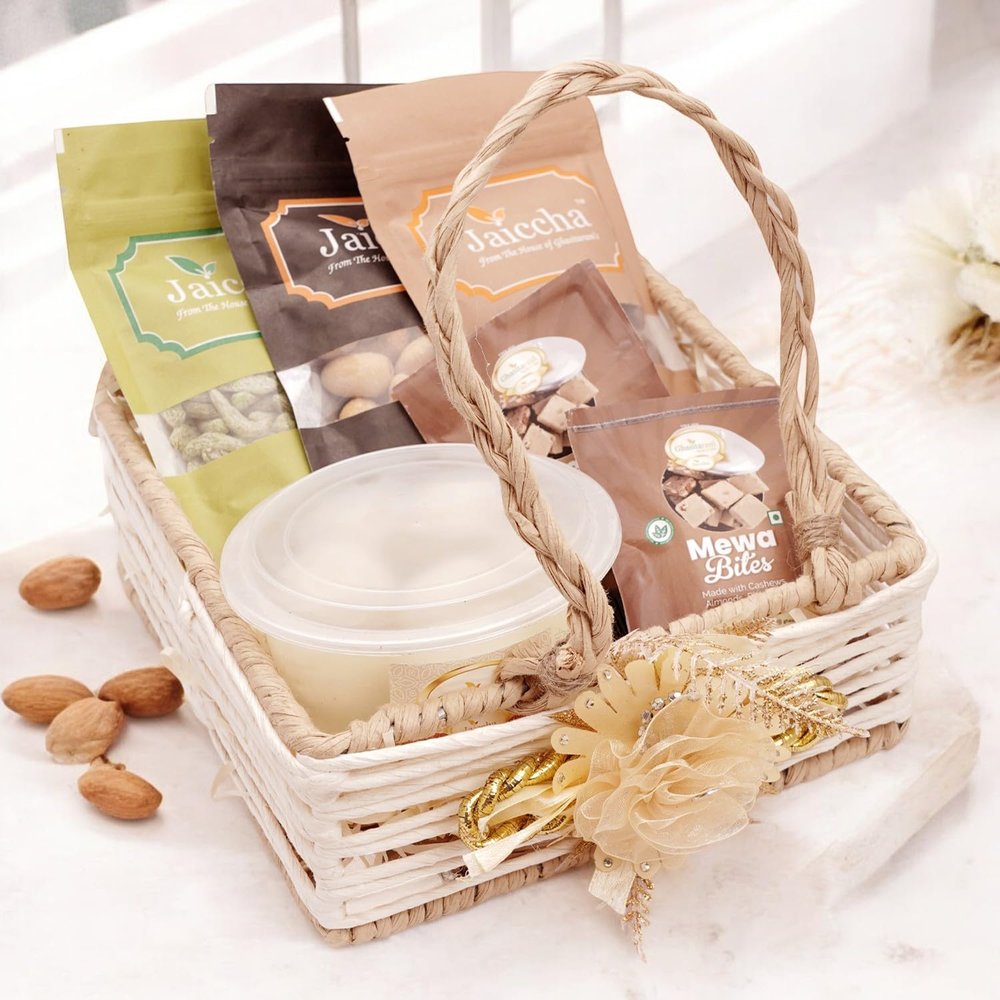 Ghasitaram Gifts Jaiccha Jute Square Basket with Flower with Rasgulla |Gift for Diwali,Holi,Rakhi,Valentine,Christmas,Birthday,Anniversary,Her,Him|