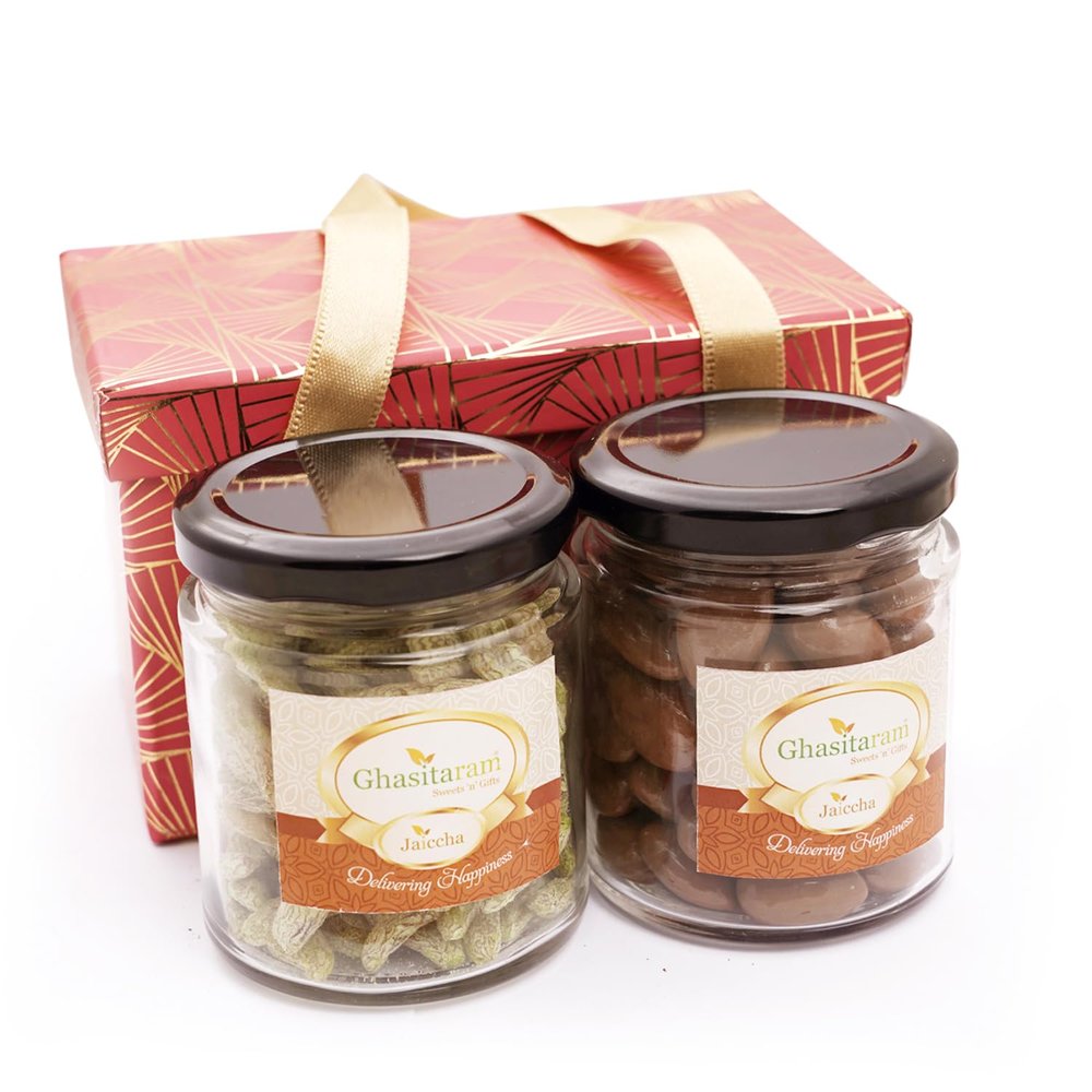 Ghasitaram Gifts Jaiccha 2 Jars Red Box with Flavoured Raisins and Chocolate Almonds |Gift for Diwali,Holi,Rakhi,Valentine,Christmas,Birthday,Anniversary,Her,Him|