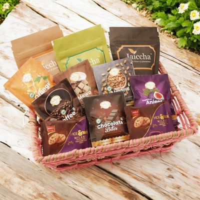 Ghasitaram Gifts Jaiccha Pink Rectangle Jute Basket with 15 Assorted Goodies |Gift for Diwali,Holi,Rakhi,Valentine,Christmas,Birthday,Anniversary,Her,Him|