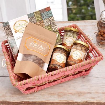 Ghasitaram Gifts Jaiccha Pink Rectangle Jute Basket with Milk Cake |Gift for Diwali,Holi,Rakhi,Valentine,Christmas,Birthday,Anniversary,Her,Him|