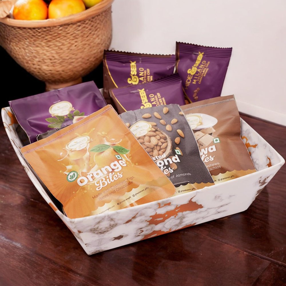 Ghasitaram Gifts Jaiccha Small White Tray of Bites and Cookies |Gift for Diwali,Holi,Rakhi,Valentine,Christmas,Birthday,Anniversary,Her,Him|