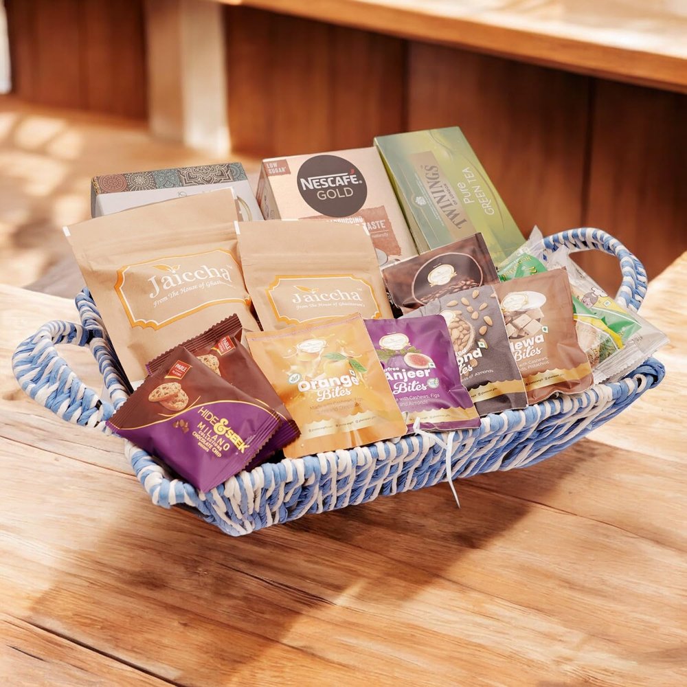 Ghasitaram Gifts Jaiccha Blue Recatangle Jute Basket of 20 Goodies with Milk Cake |Gift for Diwali,Holi,Rakhi,Valentine,Christmas,Birthday,Anniversary,Her,Him|
