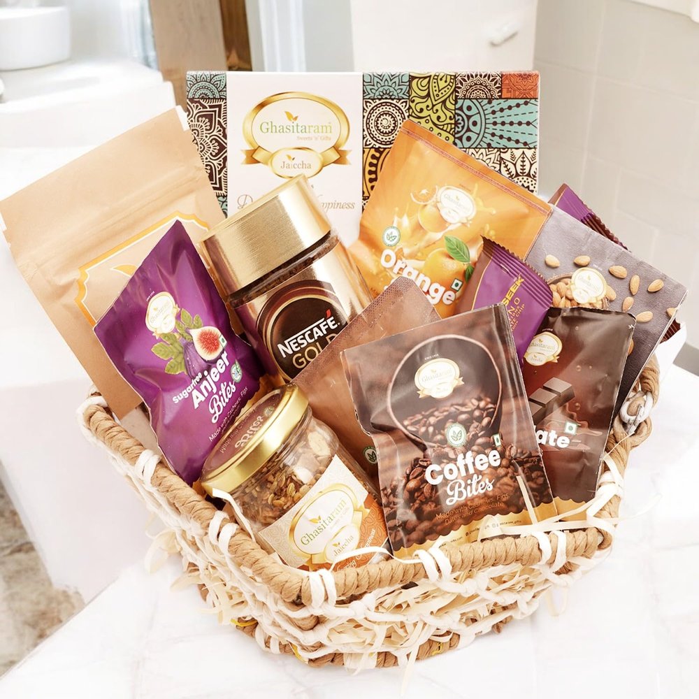 Ghasitaram Gifts Jaiccha Jute Hexagon Basket with Bites and Milk Cake |Gift for Diwali,Holi,Rakhi,Valentine,Christmas,Birthday,Anniversary,Her,Him|
