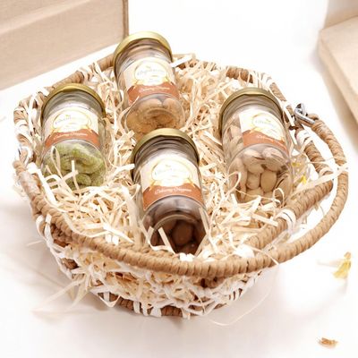 Ghasitaram Gifts Jaiccha Jute Hexagon Basket with Dryfruit Jars |Gift for Diwali,Holi,Rakhi,Valentine,Christmas,Birthday,Anniversary,Her,Him|
