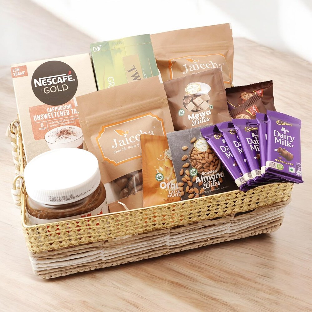 Ghasitaram Gifts Jaiccha Jute Metal Rectangle Basket with 20 Assorted Goodies |Gift for Diwali,Holi,Rakhi,Valentine,Christmas,Birthday,Anniversary,Her,Him|