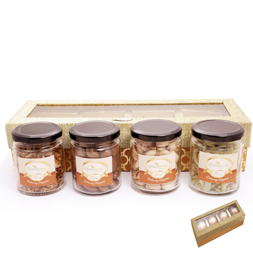 Ghasitaram Gifts Jaiccha Golden Box of 4 Jars with mukhwas |Gift for Diwali,Holi,Rakhi,Valentine,Christmas,Birthday,Anniversary,Her,Him|