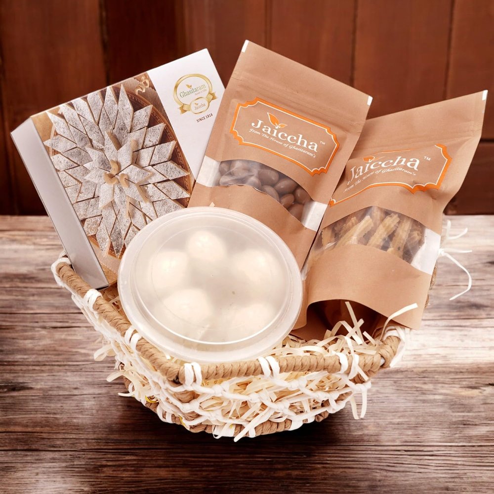 Ghasitaram Gifts Jaiccha Jute Hexagon Basket with rasgulla |Gift for Diwali,Holi,Rakhi,Valentine,Christmas,Birthday,Anniversary,Her,Him|