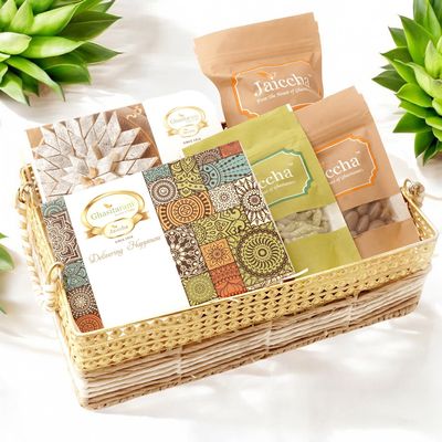 Ghasitaram Gifts Jaiccha Jute Metal Rectangle Basket with Kaju Katli and Milk Cake |Gift for Diwali,Holi,Rakhi,Valentine,Christmas,Birthday,Anniversary,Her,Him|