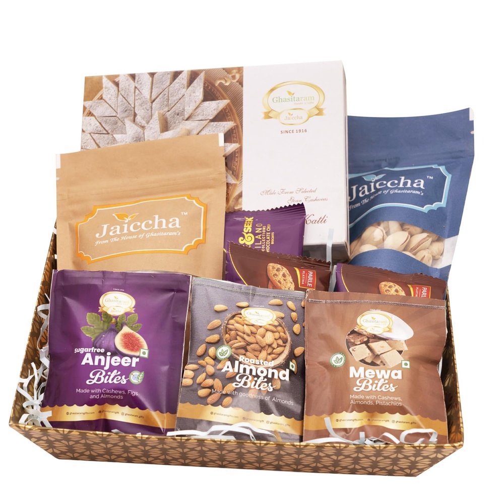 Ghasitaram Gifts Jaiccha Brown Medium Tray of 9 Goodies with Kaju katli |Gift for Diwali,Holi,Rakhi,Valentine,Christmas,Birthday,Anniversary,Her,Him|