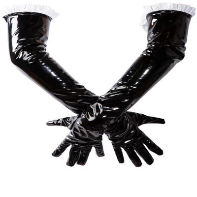 HONOUR Black Frilly Maid PVC Elbow Length Fashion Gloves XL