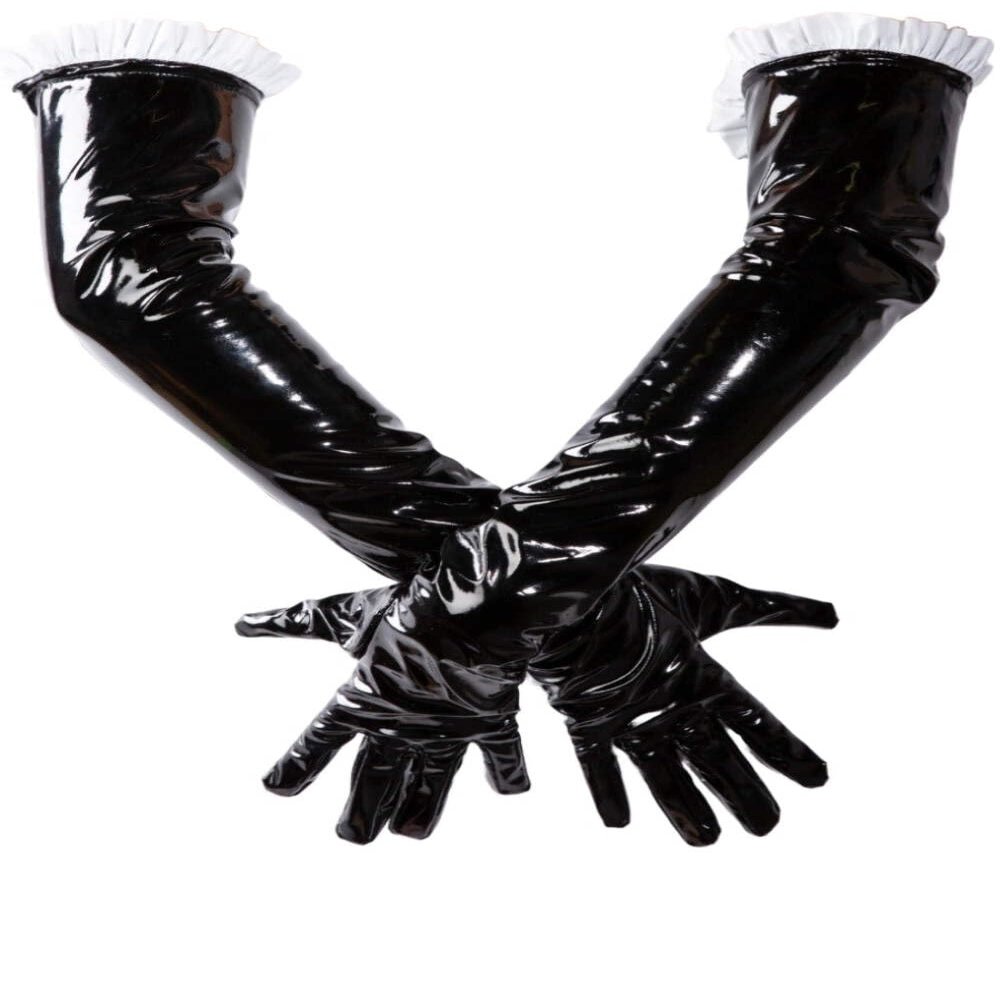 HONOUR Black Frilly Maid PVC Elbow Length Fashion Gloves XL