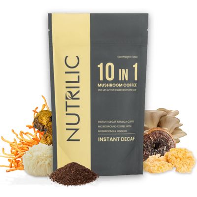 NUTRILIC 10 Mushroom Coffee Decaf Arabica Blend with Lions Mane, Chaga, Reishi, Maitake, Shitake, Black Fungus, Tremella, Ginseng Extract, Cordyceps, and Golden Mushroom