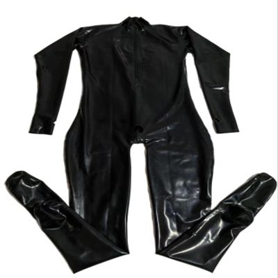 Latex Catsuit Black Color Rubber Suit Neck Entry Ruuber Bodysuit with Crotch Zip Hole Catsuit