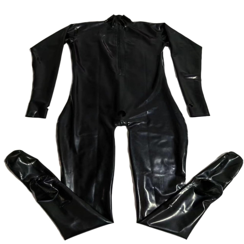 Latex Catsuit Black Color Rubber Suit Neck Entry Ruuber Bodysuit with Crotch Zip Hole Catsuit