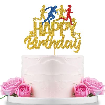 WeBenison Marathon Happy Birthday Cake Topper, Sport Running Birhday Cake Supplies, Sport Keep Fit and Fitness Theme Running enthusiasts Birthday Party Decorations Gold Glitter