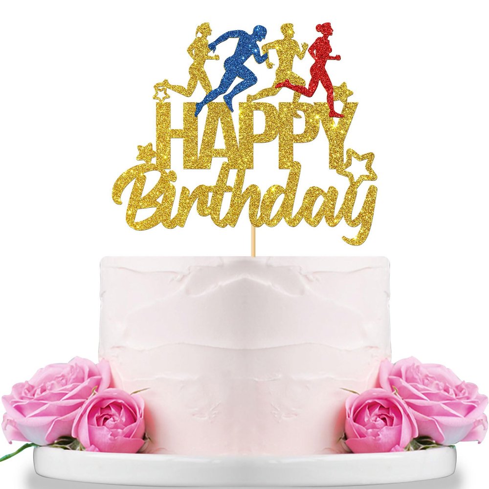 WeBenison Marathon Happy Birthday Cake Topper, Sport Running Birhday Cake Supplies, Sport Keep Fit and Fitness Theme Running enthusiasts Birthday Party Decorations Gold Glitter