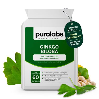 Purolabs Ginkgo Biloba Supplement 6000mg |High Strength 50:1 Ginkgo Biloba Extract | 60 Vegan Capsules for Men and Women | No Fillers | Made in The UK