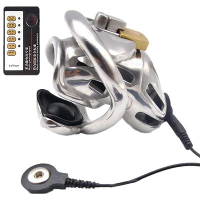 LAHTI Electro Stimulation Men's Chastity Cage Stainless Steel Short Style Male Abstinence Chastity Cock Cage for Men with Lock and Key, 45mm/1.77"