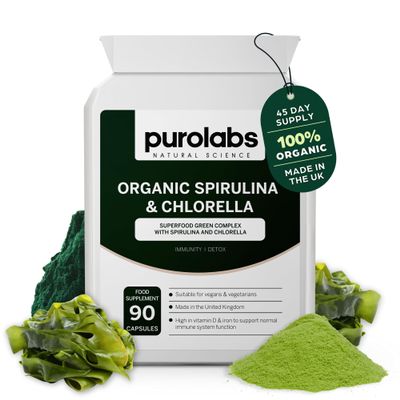 Purolabs Spirulina & Chlorella Capsules High Strength Spirulina Tablets Alternative for Energy, Detox & Immunity Clean Formula, Vegan, Non-GMO 90 Capsules