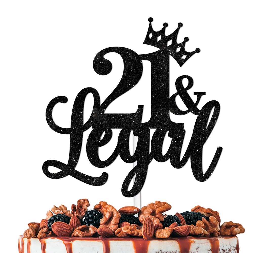 Black Glitter Crown Cake Topper Cheer to 21 Legal Theme Party Decoration Supplies Girls Lady Women Happy 21st Birthday Party Decor Supplies