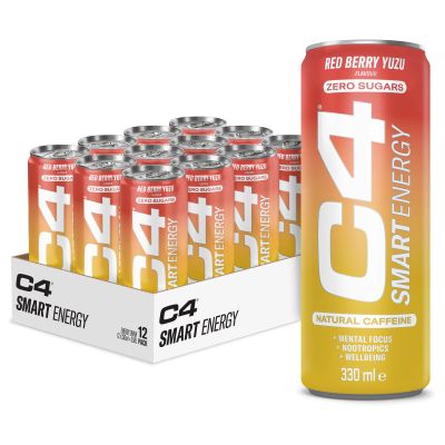 C4 Smart Energy Drinks Red Berry Yuzu 330ml (12 pack) | Sugar Free Energy Drink with 106mg Natural Caffeine, Brainberry, Nootropics, Vitamin C | Natural Energy Drink for Mental Focus On the Go