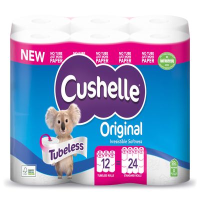 Cushelle Original Tubeless Twice as Long Toilet Tissue 12 equals 24 Regular Rolls