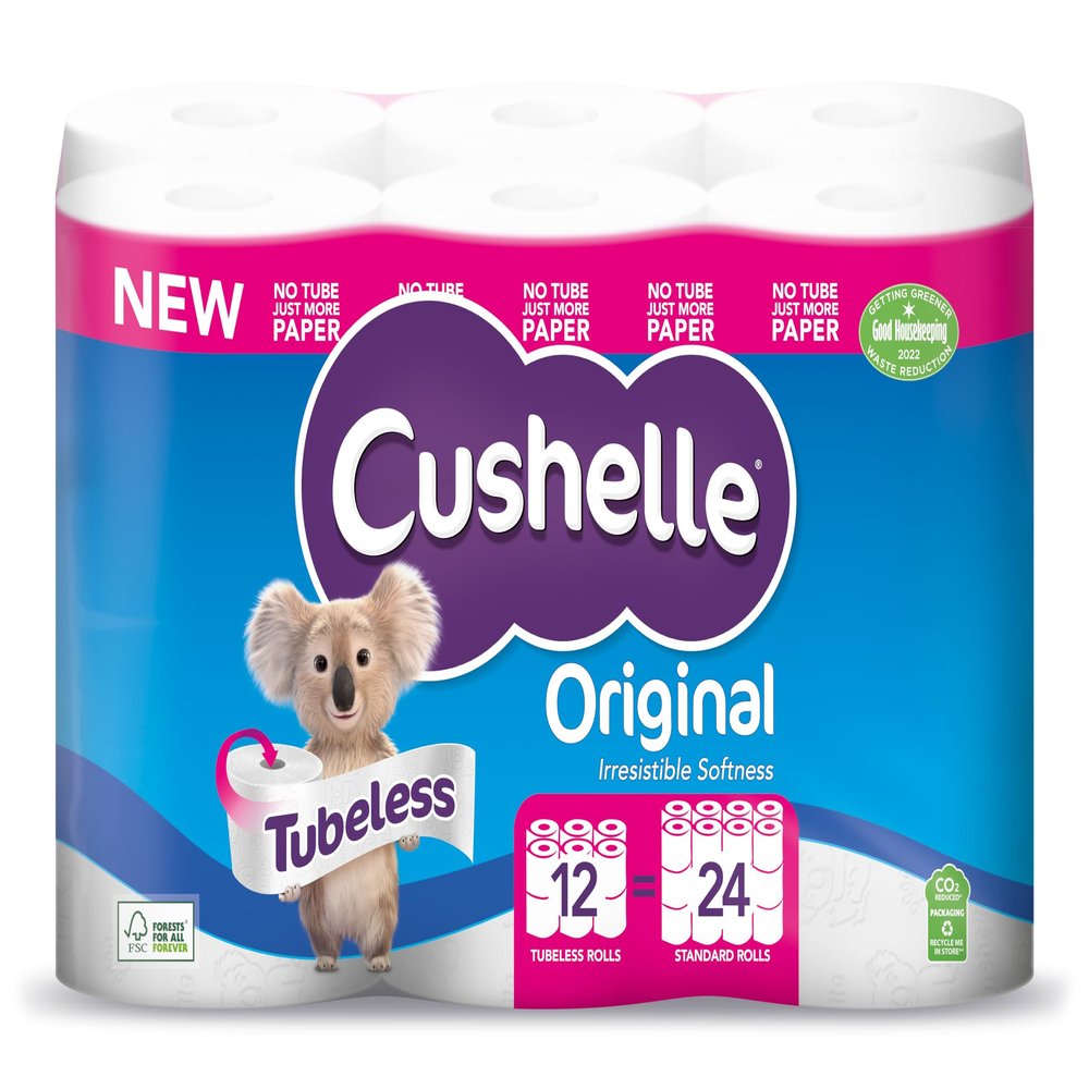 Cushelle Original Tubeless Twice as Long Toilet Tissue 12 equals 24 Regular Rolls
