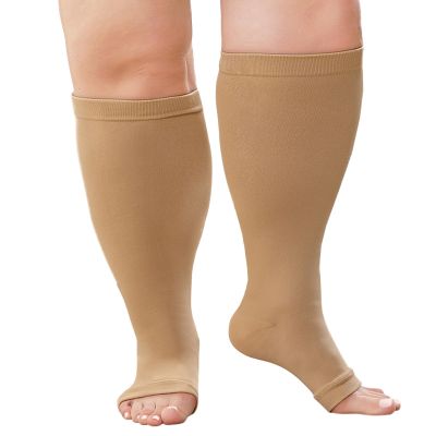 ZFSOCK Plus Size Compression Socks: Men Women Wide Calf Open Toe Graduated Medical Support Stockings Toeless Flight Pressure Socks for Varicose Vein Swollen Legs Pregnancy Nurses Travel Beige 6XL