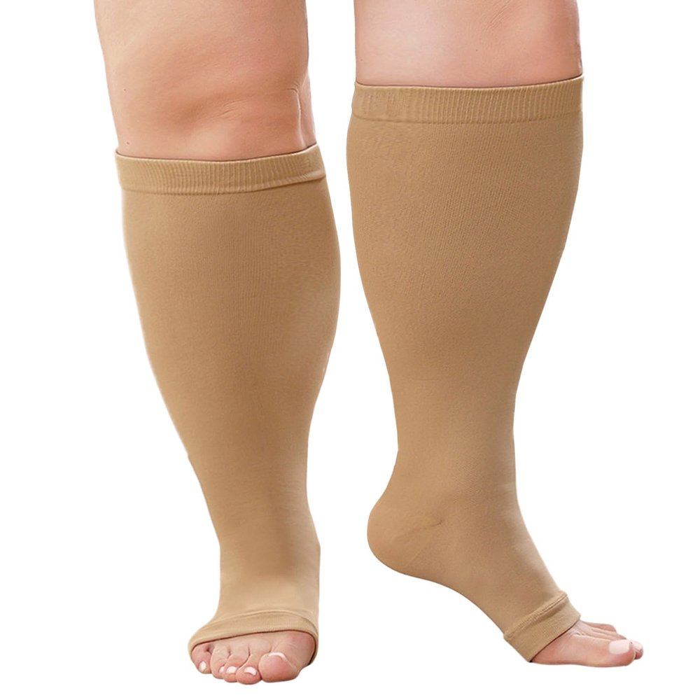 ZFSOCK Plus Size Compression Socks: Men Women Wide Calf Open Toe Graduated Medical Support Stockings Toeless Flight Pressure Socks for Varicose Vein Swollen Legs Pregnancy Nurses Travel Beige 6XL
