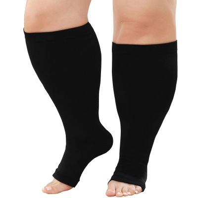 ZFSOCK Plus Size Compression Socks: Men Women Wide Calf Open Toe Graduated Medical Support Stockings Toeless Flight Pressure Socks for Varicose Vein Swollen Legs Pregnancy Nurses Travel Black 4XL