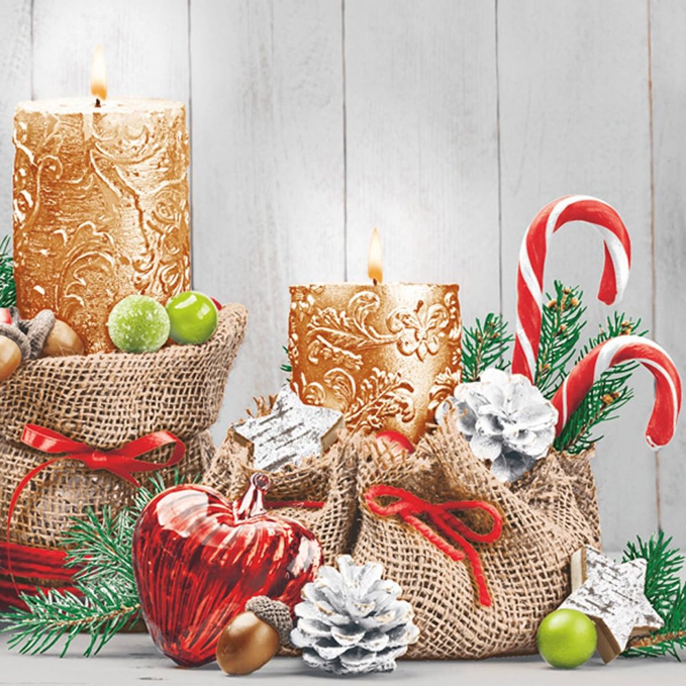 3-Ply Maki Xmas Decoupage Tissue Paper Napkins Decorative Christmas Serviettes 33cm x 33cm - Pack of 20 (Heart Shaped Bauble and Golden Candles)