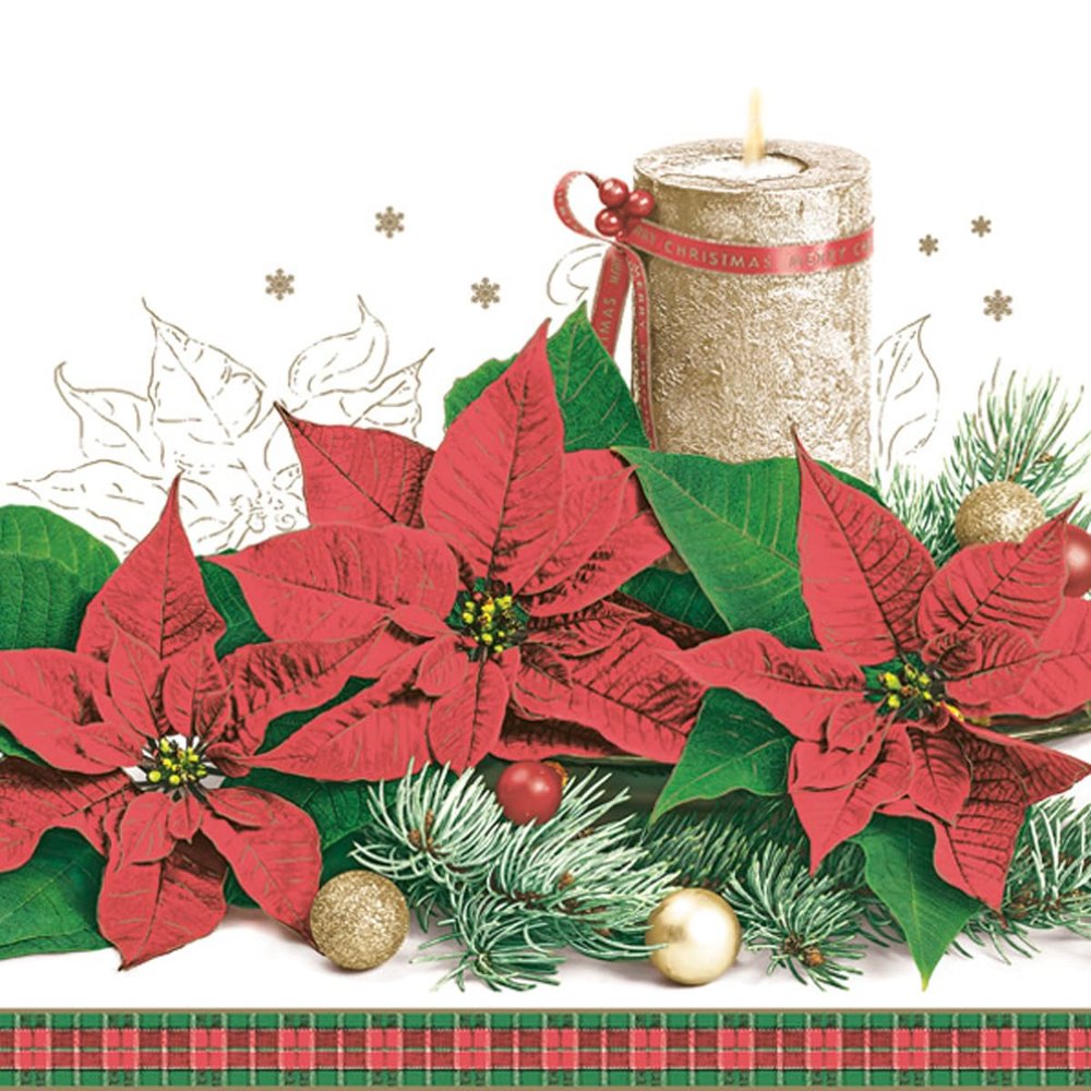 3-Ply Maki Xmas Decoupage Tissue Paper Napkins Decorative Christmas Serviettes 33cm x 33cm - Pack of 20 (Red Poinsettias on Spruce Twigs)