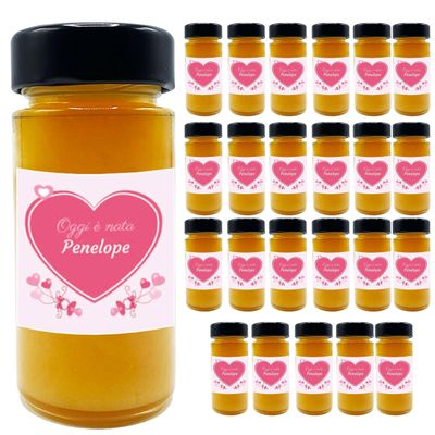 24 jars of millefiori honey with personalised label, ideal for making exclusive christening favours (She was born)