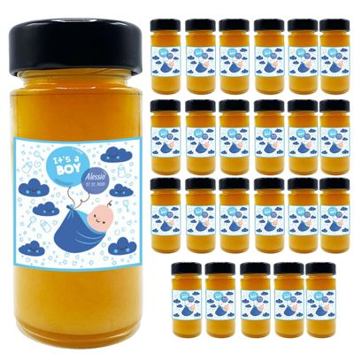 24 jars of mixed-flower honey with personalised label, ideal for making exclusive christening favours (It's a boy)