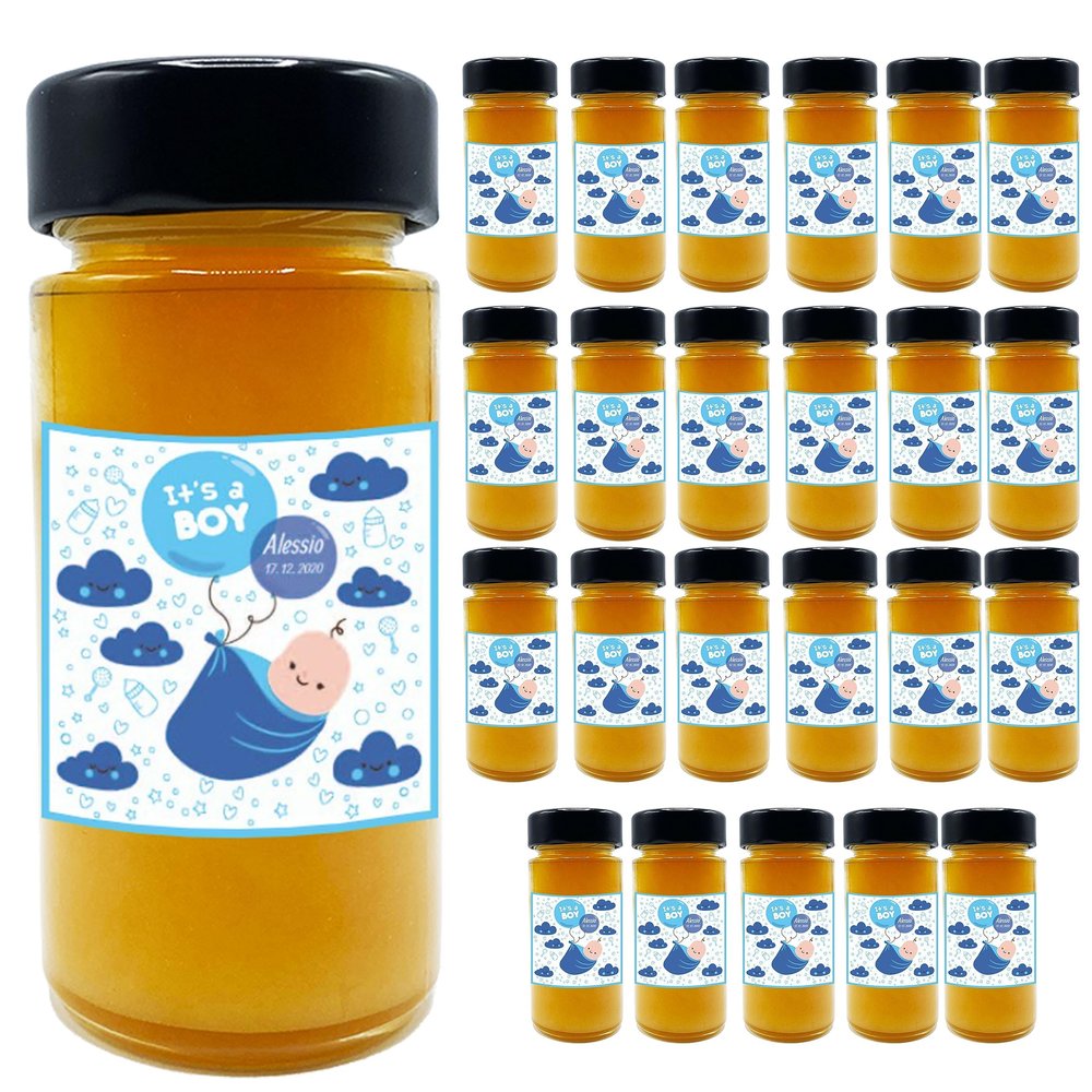 24 jars of mixed-flower honey with personalised label, ideal for making exclusive christening favours (It's a boy)