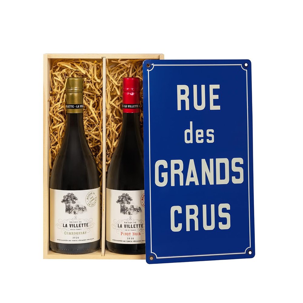 Premium Wooden Box Gift Set - La Villette Wine Duo (2 x 75cl) with 'Rue des Grands Crus' Metal Lid - Perfect for Wine Enthusiasts and Special Occasions