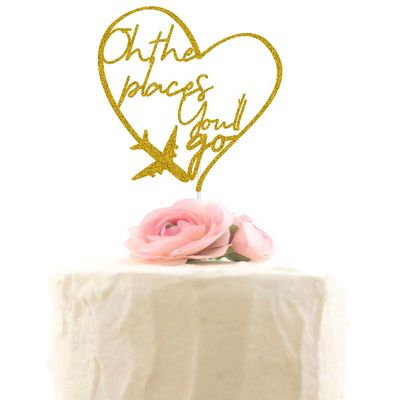 Oh the Places You'll Go Cake Topper - Travel Themed Cake Decor, Retirement, Graduation, Farewell, 1st Birthday Party Decorations, Gold Glitter