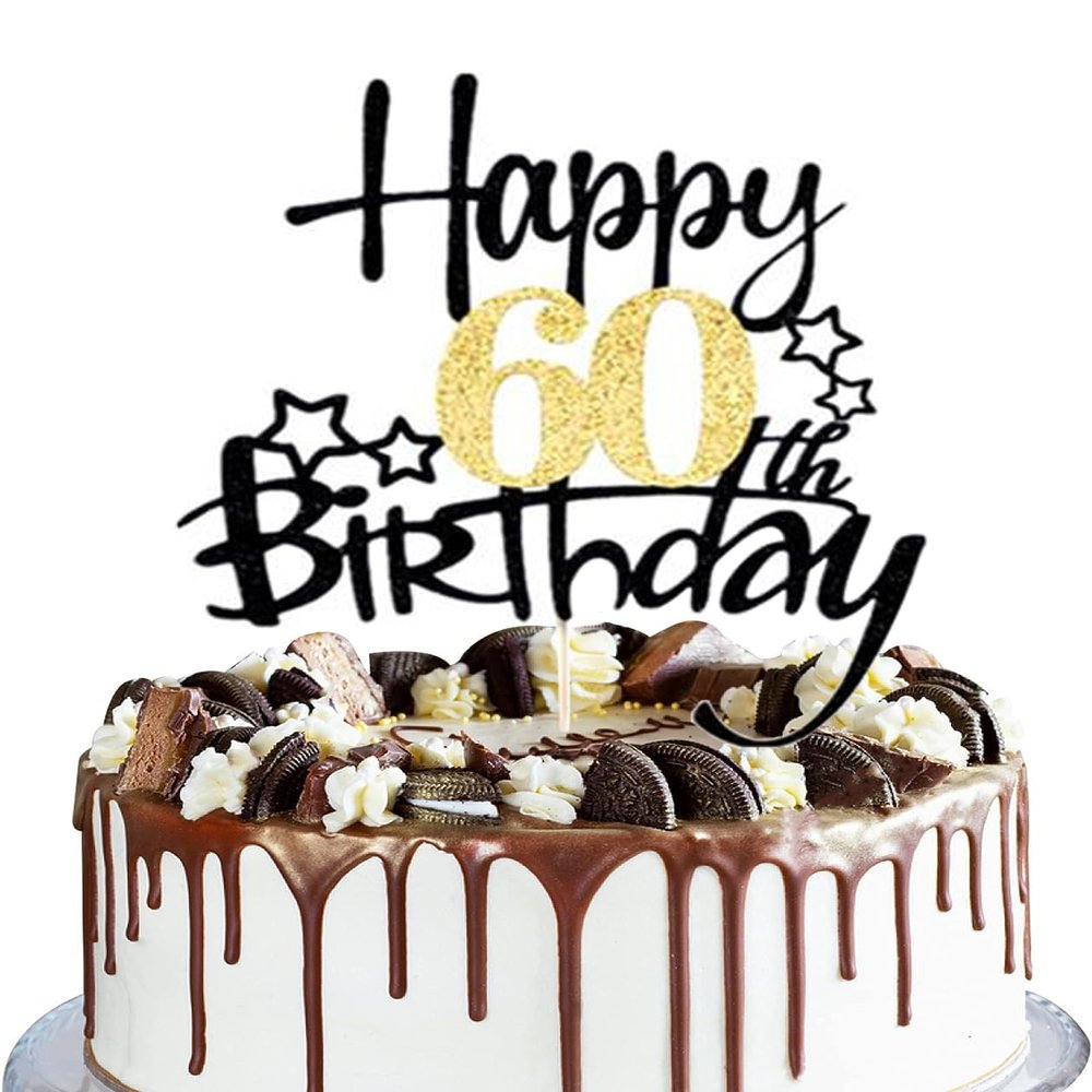 1 PCS Gold&Black Happy 60th Birthday Cake Topper + 60 Years Birthday Cake Topper, 60th Birthday Cake Topper for Women/men, Happy 60th Birthday Cake Decorations for 60th Birthday Party (60th)