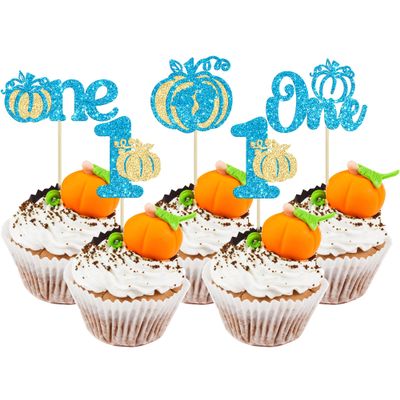 Gyufise 24Pcs Pumpkin One Birthday Cupcake Toppers Pumpkin Baby Boy 1st Birthday Cupcake Picks Pumpkin Theme Kids First Birthday Cake Decorations for Fall Harvest Baby Shower Party Decorations Blue